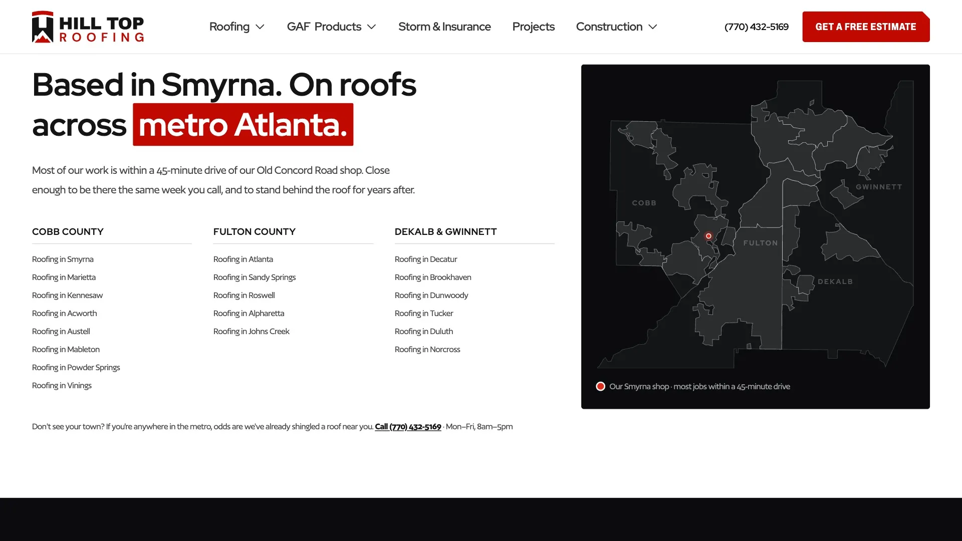 Hill Top Roofing service area map